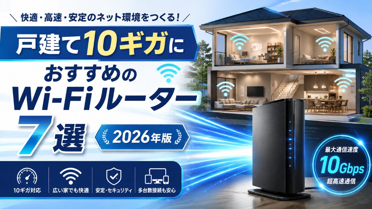 戸建て10ギガにおすすめのWi-Fiルーター7選を紹介するアイキャッチ画像。2階建て住宅とWi-Fiルーター、10Gbps通信のイメージ