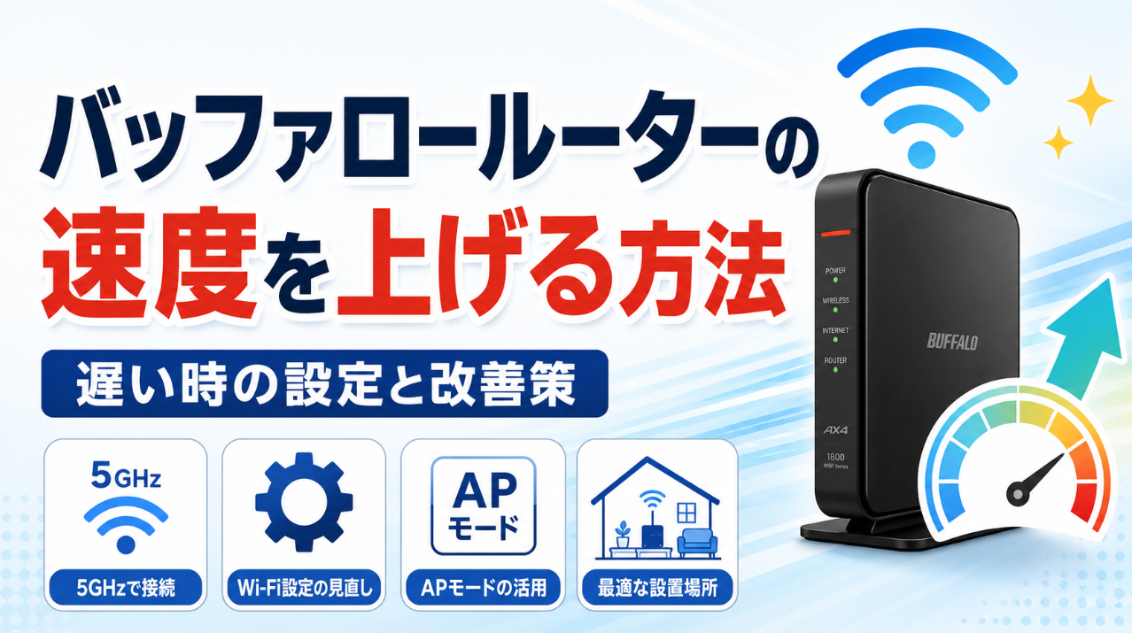 バッファロールーターの速度を上げる方法と、5GHz・APモード・Wi-Fi設定・設置場所の改善策を示したイメージ