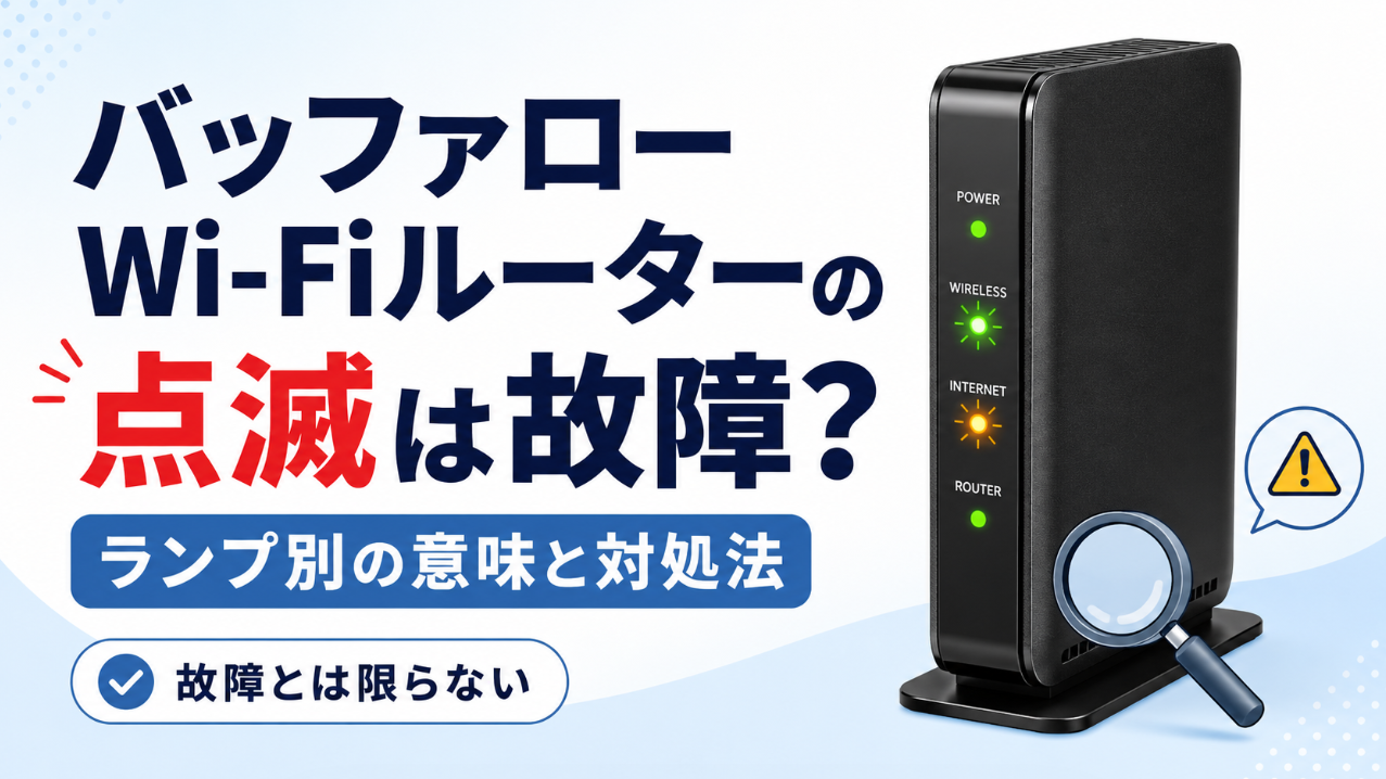 バッファローWi-Fiルーターの点滅は故障かを解説するアイキャッチ画像。ランプ別の意味と対処法を紹介