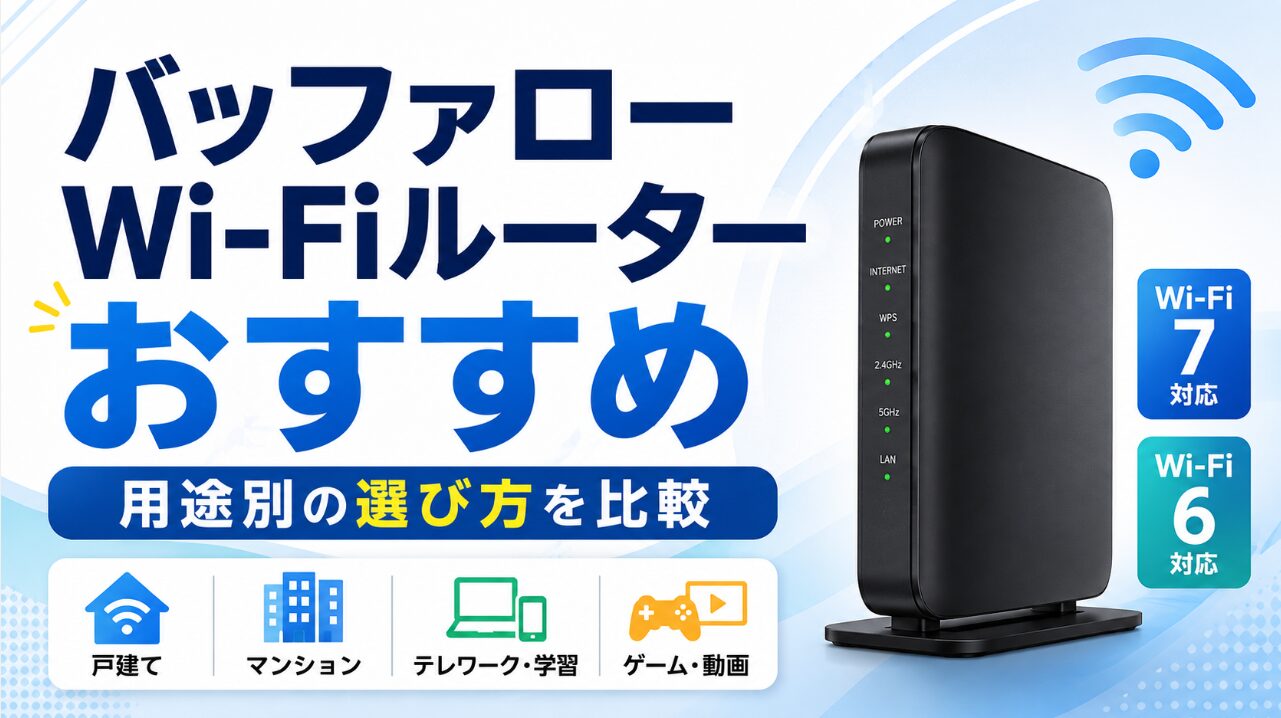 バッファローWi-Fiルーターのおすすめ機種とWi-Fi 6・Wi-Fi 7の用途別の選び方を示した比較画像