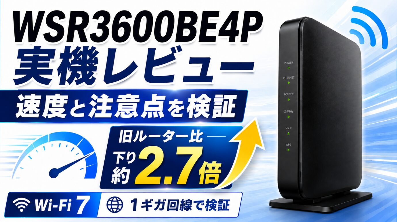 BUFFALO WSR3600BE4P-BKの実機レビューと旧ルーター比で下り約2.7倍となった速度検証を示すアイキャッチ画像