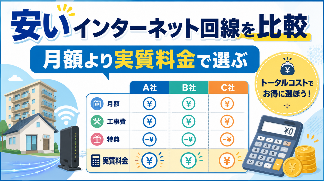 安いインターネット回線を月額料金・工事費・特典を含む実質料金で比較するイメージ