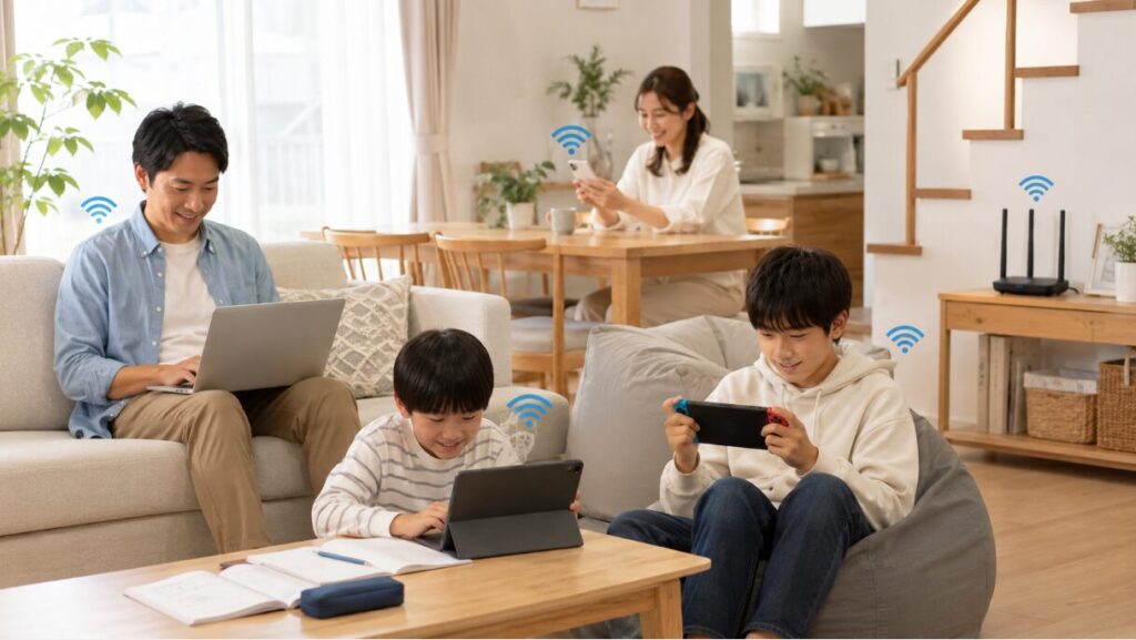 戸建てのリビングで父親がパソコン、母親がスマホ、子どもたちがタブレットとゲーム機をWi-Fiで快適に利用している日本人家族