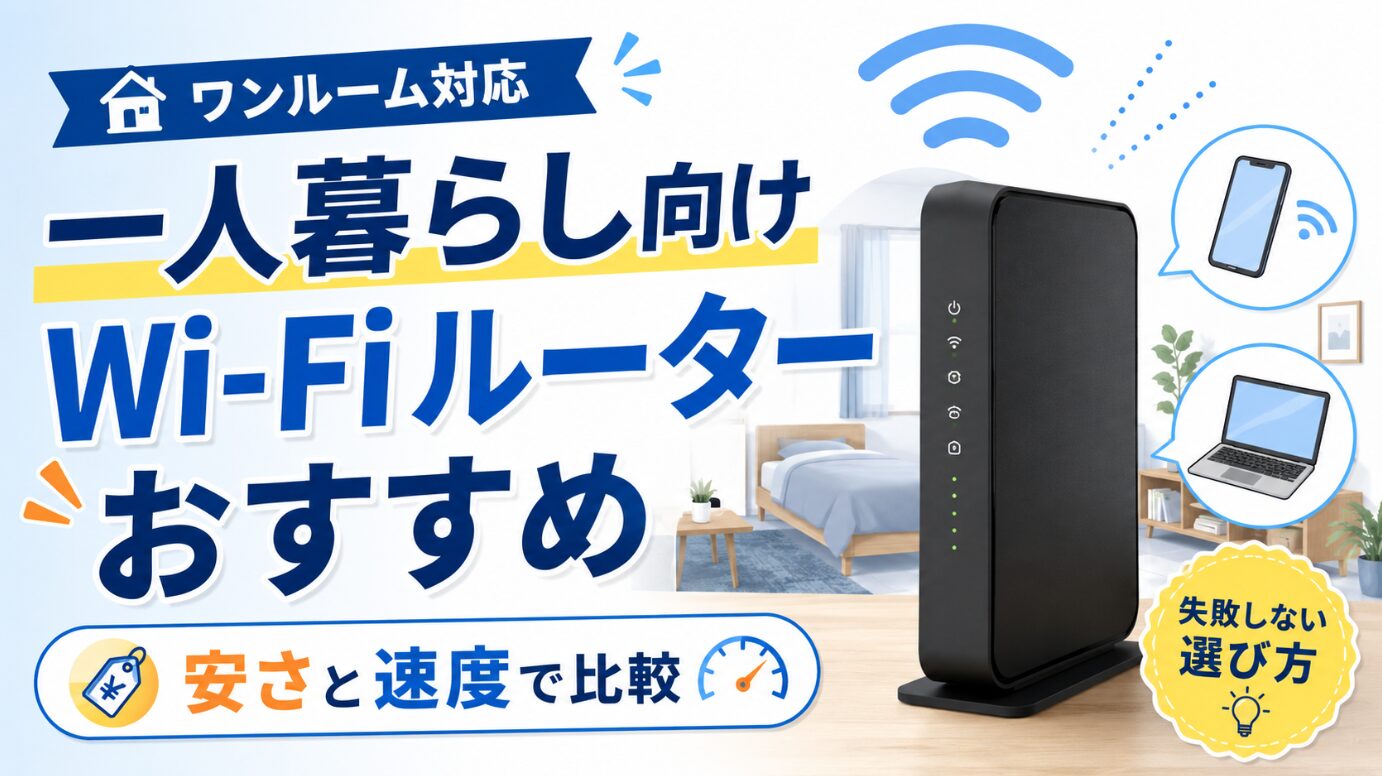 ワンルームを背景にWi-Fiルーターとスマホ、ノートパソコンを配置した一人暮らし向けWi-Fiルーターおすすめ比較のアイキャッチ