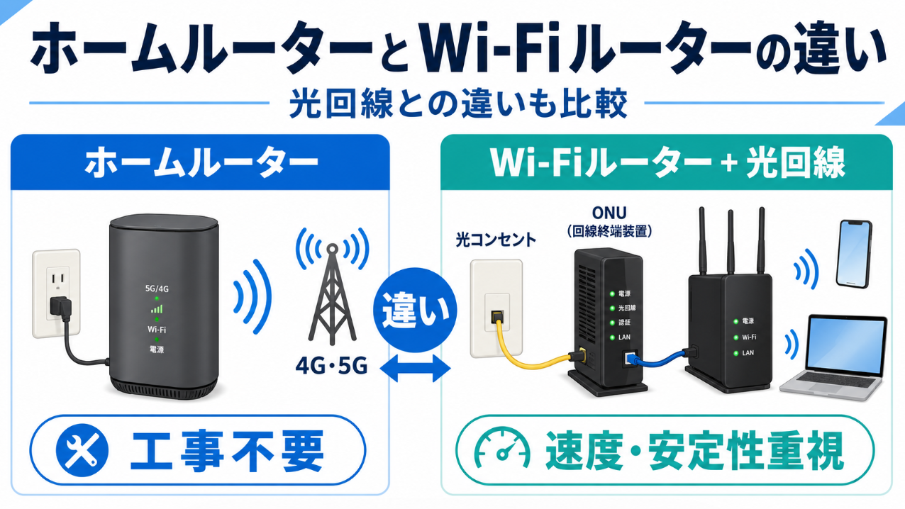 ホームルーターとWi-Fiルーター＋光回線の違いを比較した図解。ホームルーターは工事不要、Wi-Fiルーター＋光回線は速度と安定性重視と示している