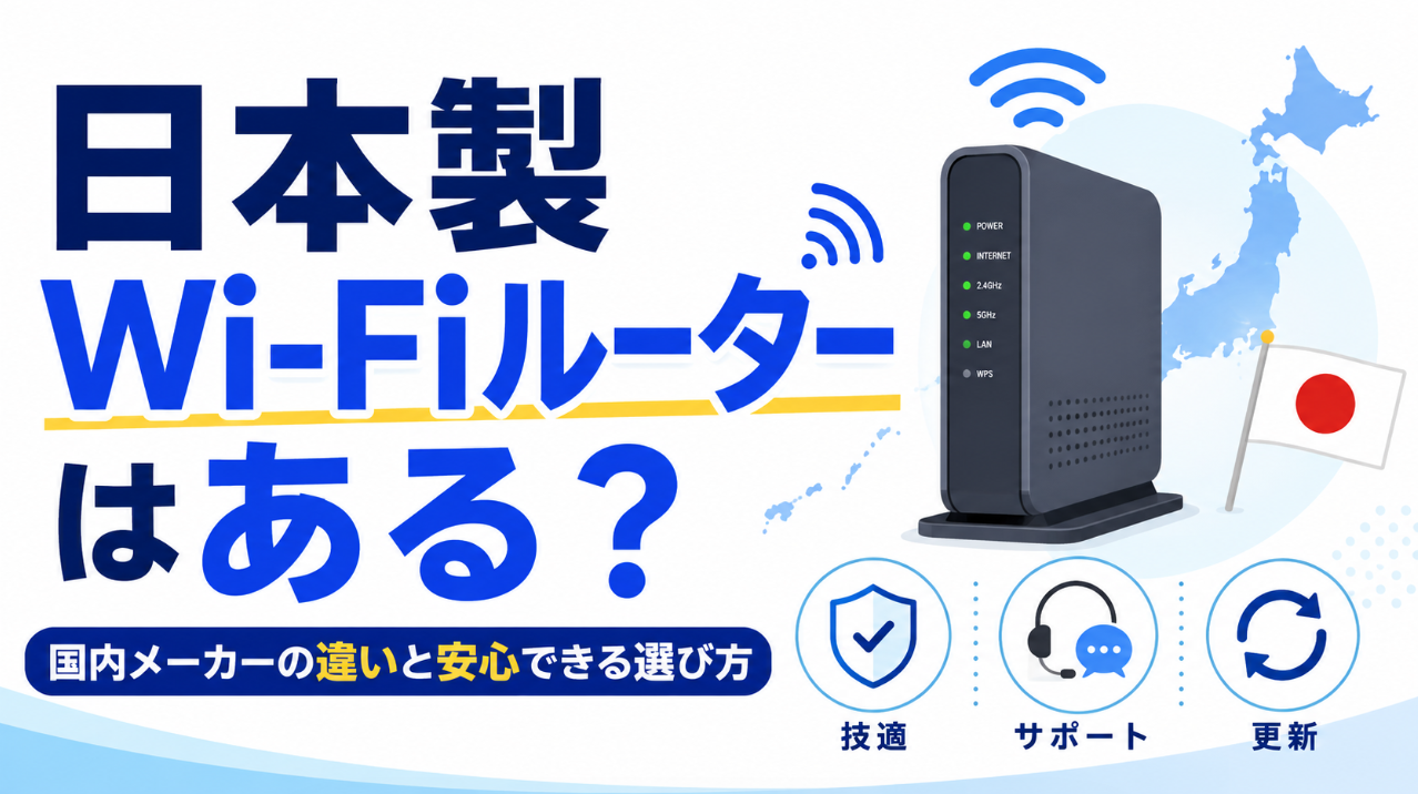 日本製Wi-Fiルーターと国内メーカーの違い、技適・サポート・更新を確認する選び方を表したイメージ