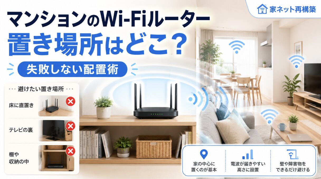 マンションの中央付近にWi-Fiルーターを設置し、床やテレビ裏、収納内を避ける置き場所を解説したアイキャッチ画像