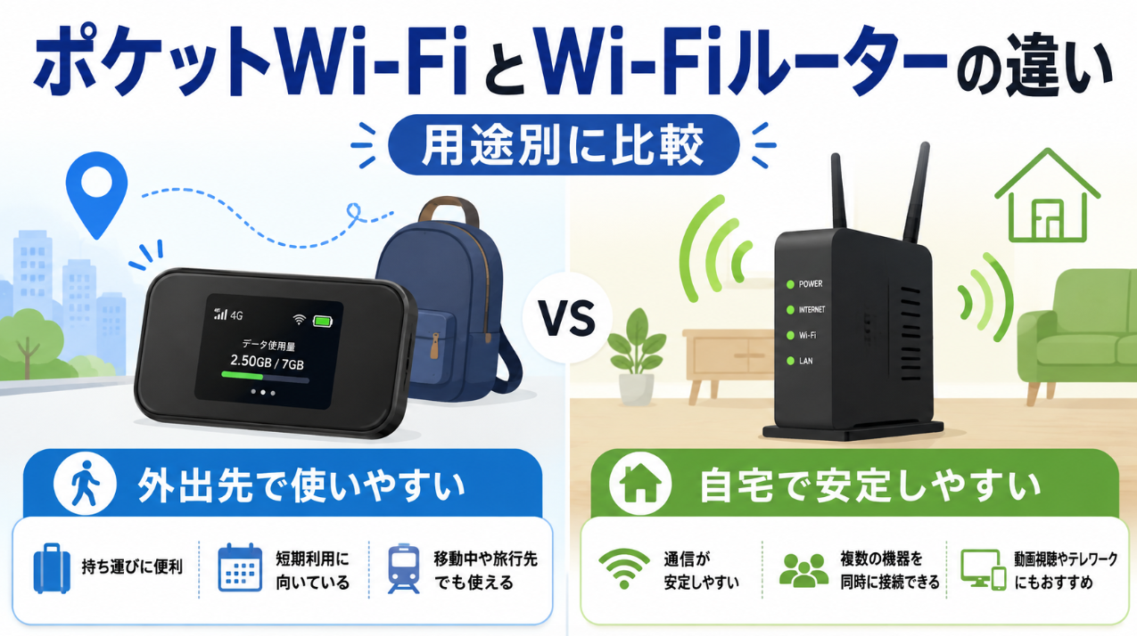 ポケットWi-Fiと家庭用Wi-Fiルーターの違いを外出先と自宅での用途別に比較したイメージ