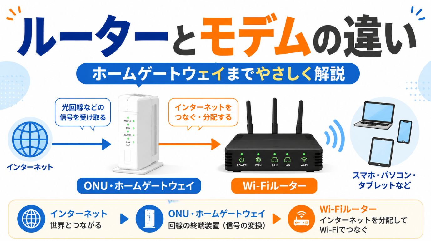 ルーターとモデムの違いをONU・ホームゲートウェイ・Wi-Fiルーターの接続図で解説したアイキャッチ画像