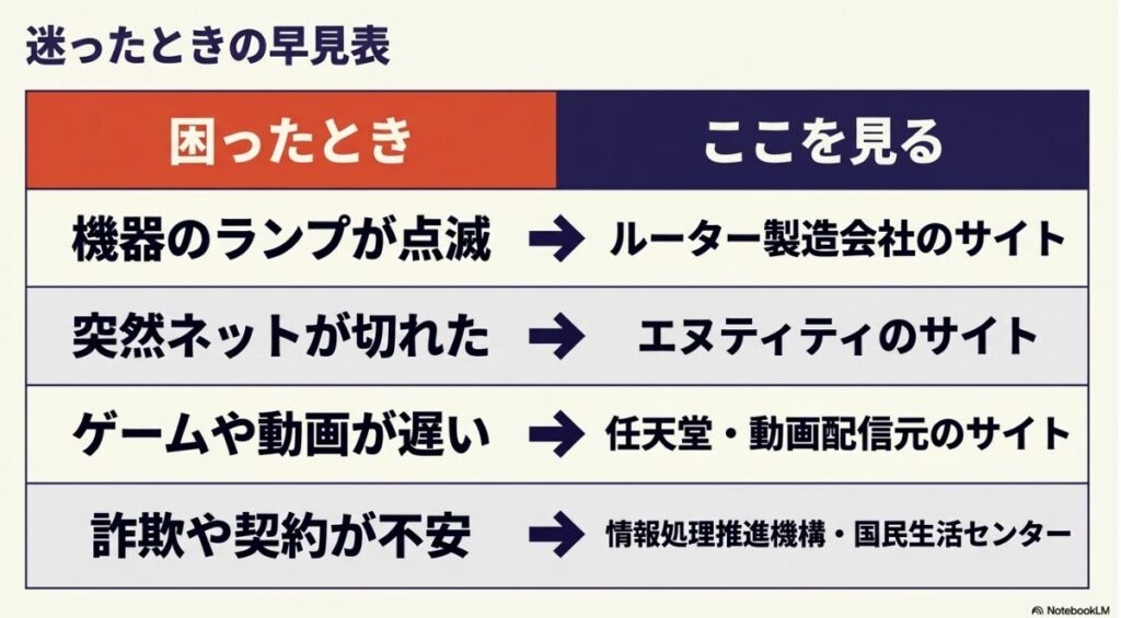 ランプ点滅時はルーター製造会社、ネット切断時はNTTなど、困った時に見るべきサイトの早見表