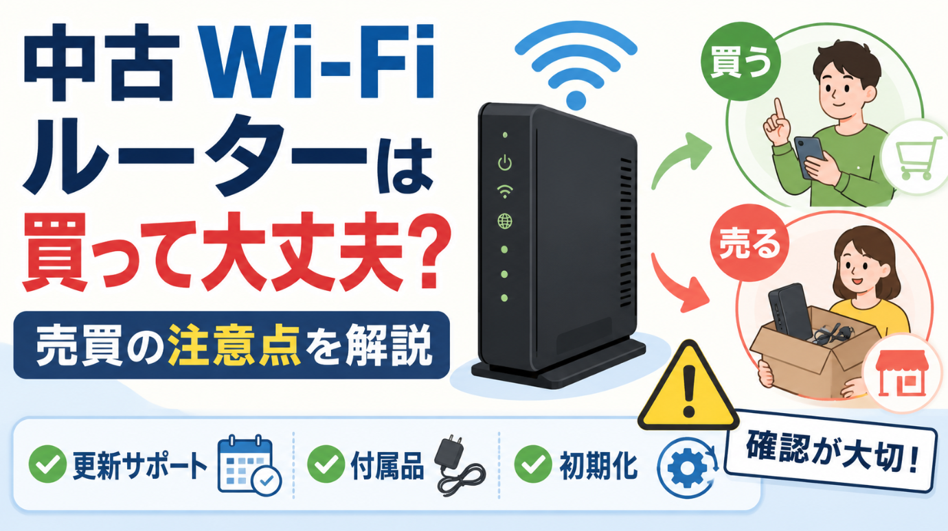 中古Wi-Fiルーターを買う・売る際の注意点として更新サポート・付属品・初期化の確認を解説した画像