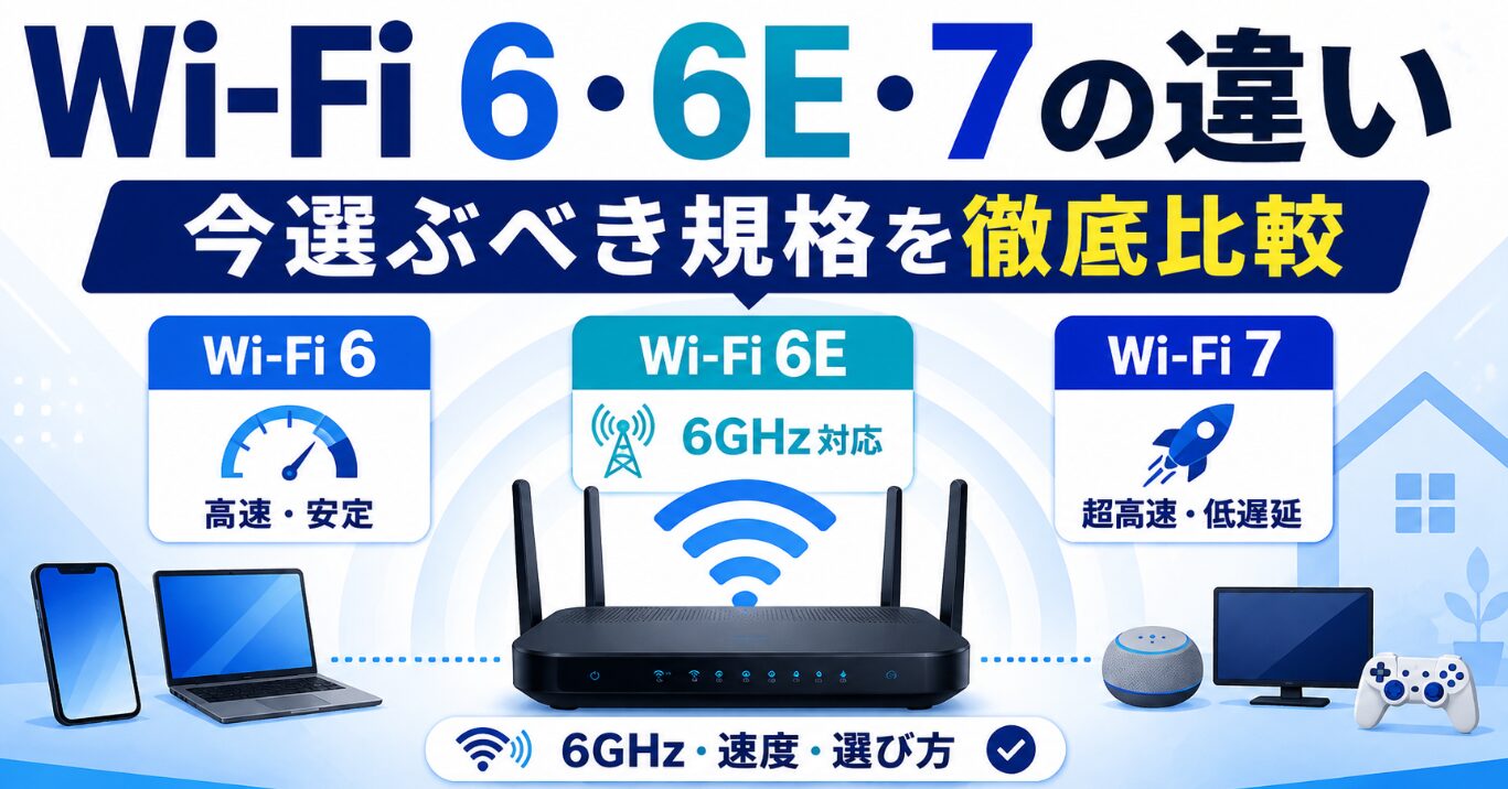 Wi-Fi 6・6E・7の違いを、6GHz対応や通信速度、選び方で比較したイメージ