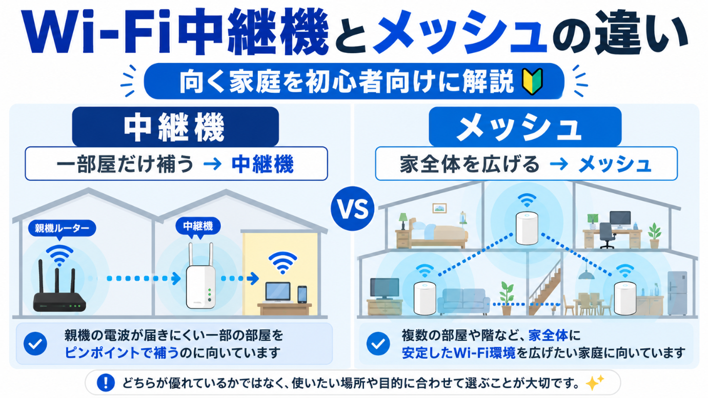 Wi-Fi中継機とメッシュWi-Fiの違いを、一部屋を補う場合と家全体を広げる場合で比較した図
