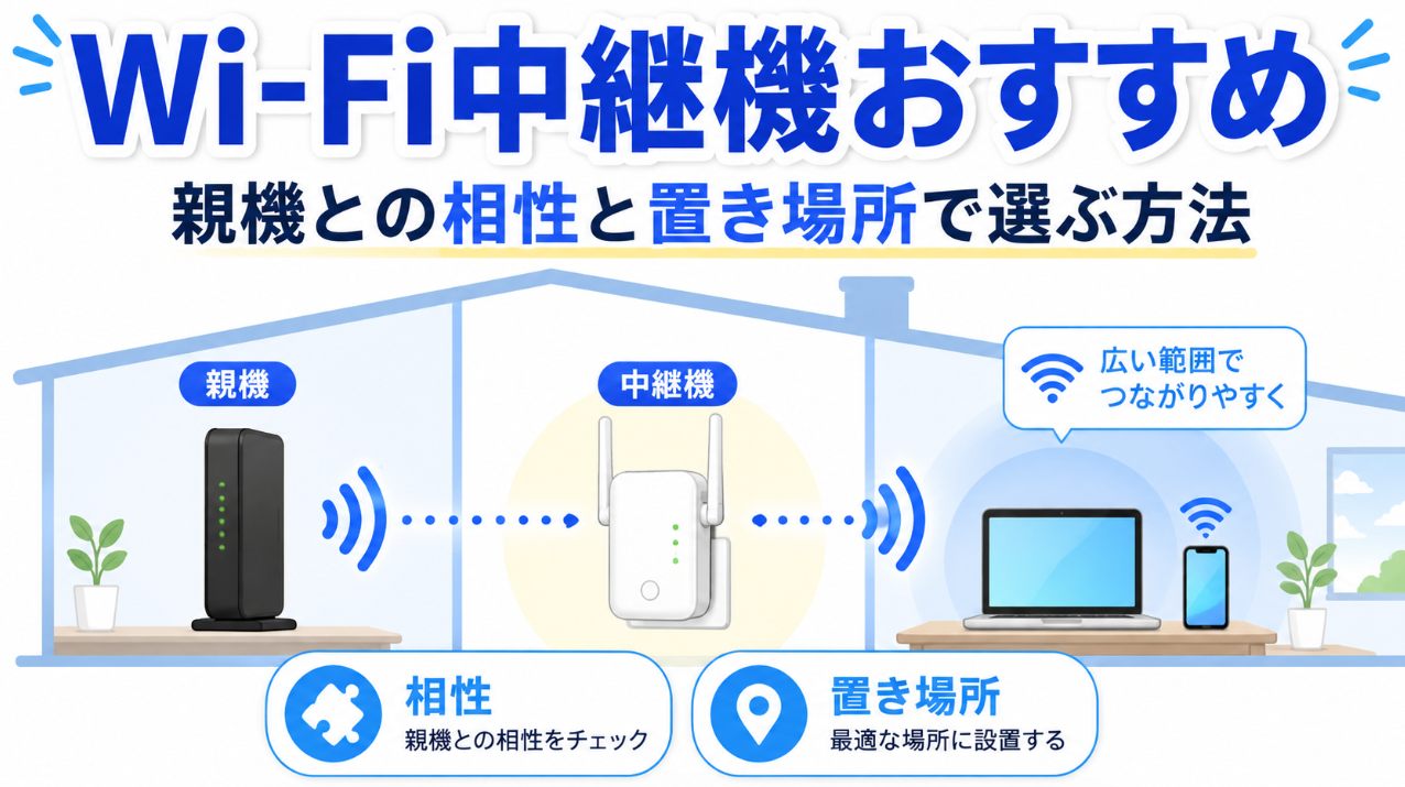 Wi-Fi中継機のおすすめと親機との相性・置き場所の選び方を示したイメージ