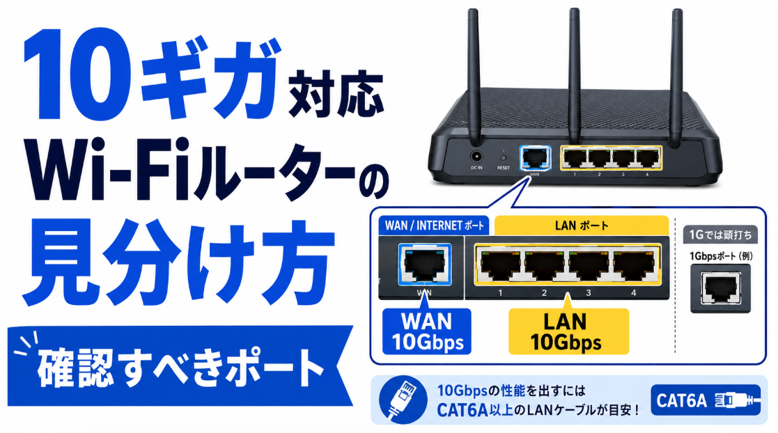 10ギガ対応Wi-Fiルーターの見分け方とWAN・LANの10Gbps対応ポート、CAT6Aケーブルの確認ポイント