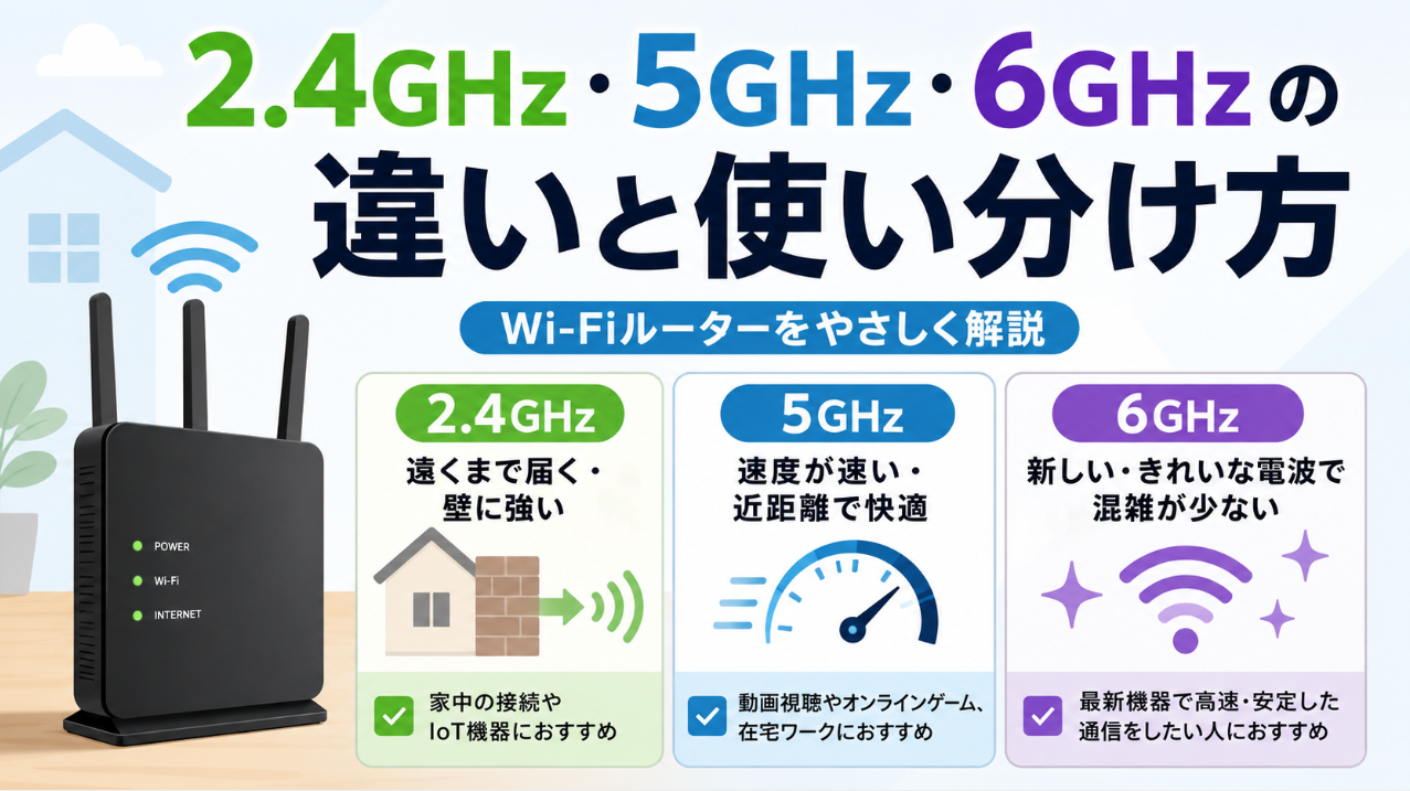 Wi-Fiルーターの2.4GHz・5GHz・6GHzの違いと使い分け方を解説した画像