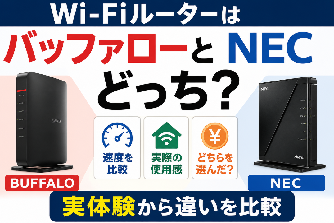 バッファローとNECのWi-Fiルーターを実体験から比較した記事のアイキャッチ画像
