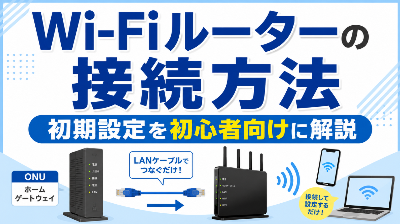 Wi-Fiルーターの接続方法と初期設定を初心者向けに解説するイメージ