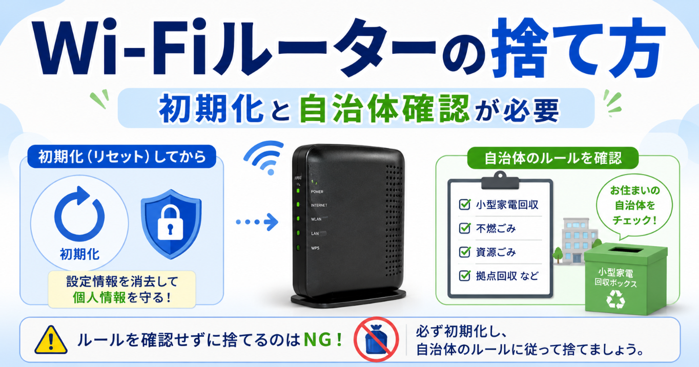 Wi-Fiルーターの捨て方と処分前の初期化、自治体のごみ分別や小型家電回収の確認方法を示した画像