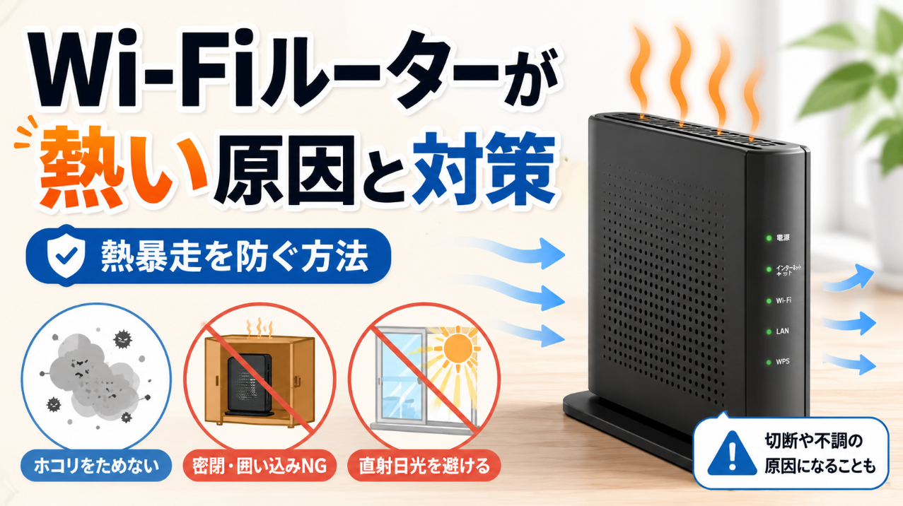 Wi-Fiルーターが熱い原因と対策として、ホコリ・密閉収納・直射日光を避けて熱暴走を防ぐ方法を示した画像