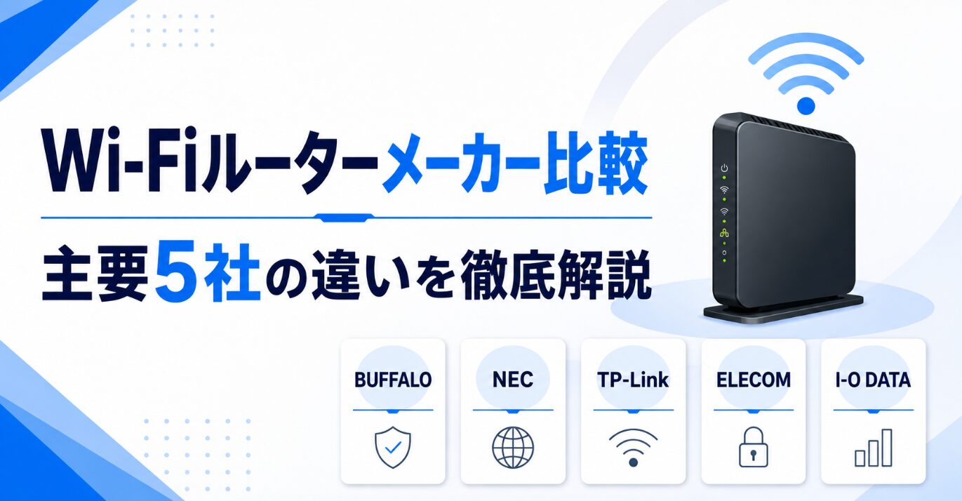 Wi-Fiルーターの主要メーカー5社、バッファロー・NEC・TP-Link・エレコム・I-O DATAの違いを比較する記事のアイキャッチ画像