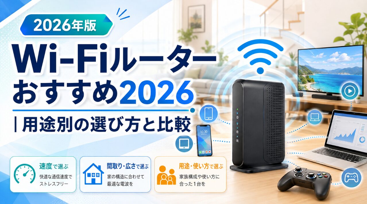 Wi-Fiルーターとスマホ、パソコン、テレビ、ゲーム機を描いた「Wi-Fiルーターおすすめ2026｜用途別の選び方と比較」のアイキャッチ画像