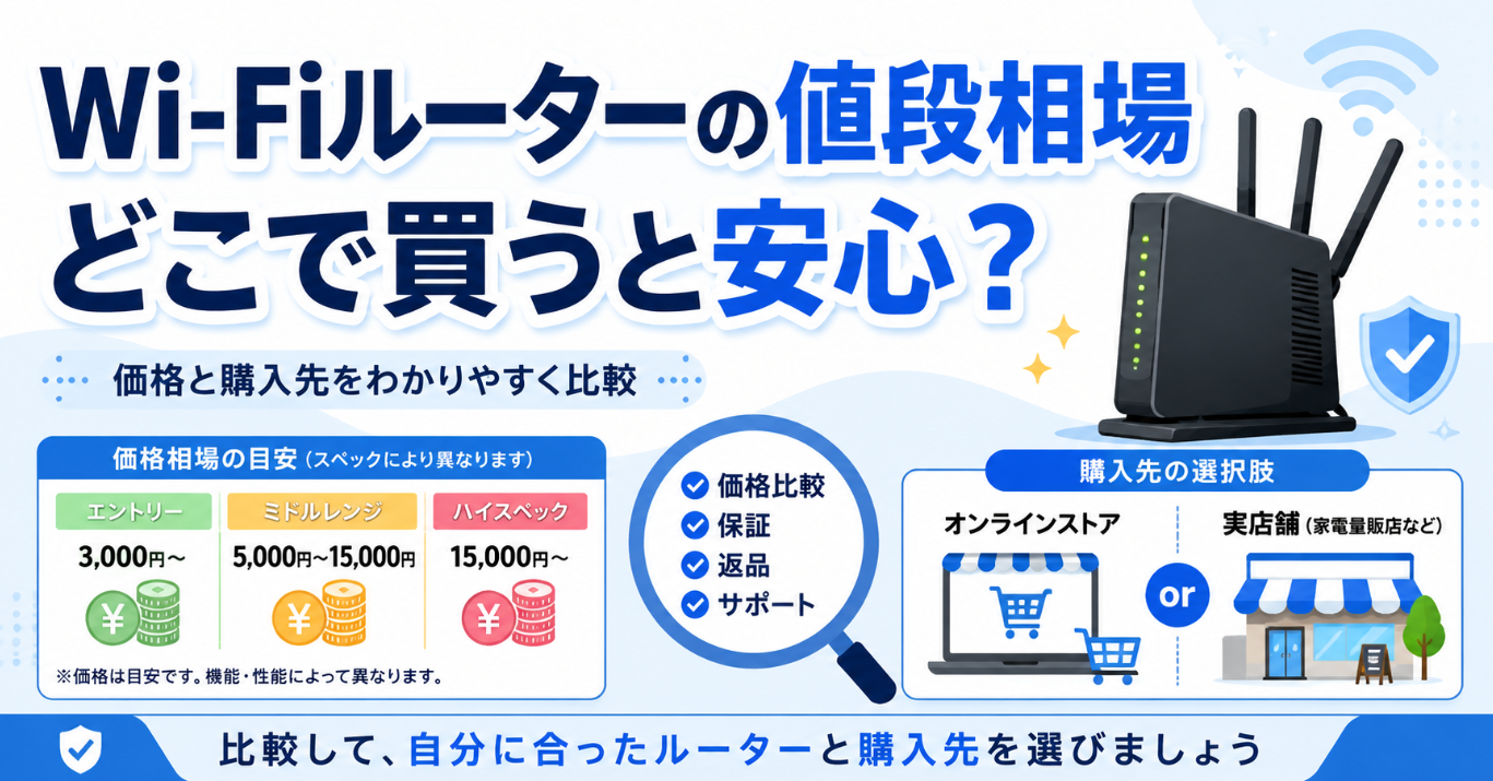 Wi-Fiルーターの値段相場と、オンラインストアや家電量販店など購入先の違いを比較したイメージ
