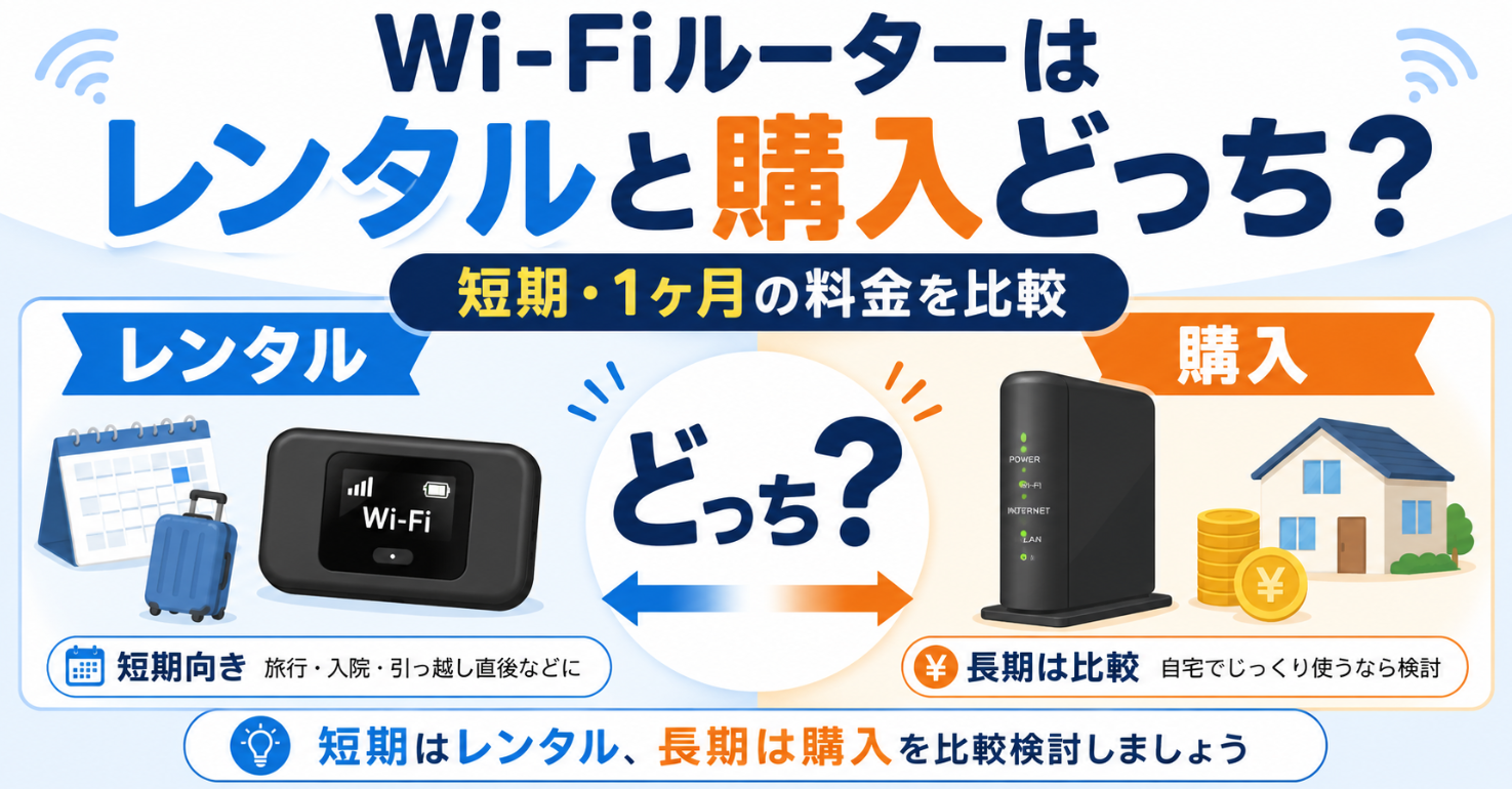 Wi-Fiルーターのレンタルと購入を比較し、短期・1ヶ月利用の料金や選び方を示したイメージ