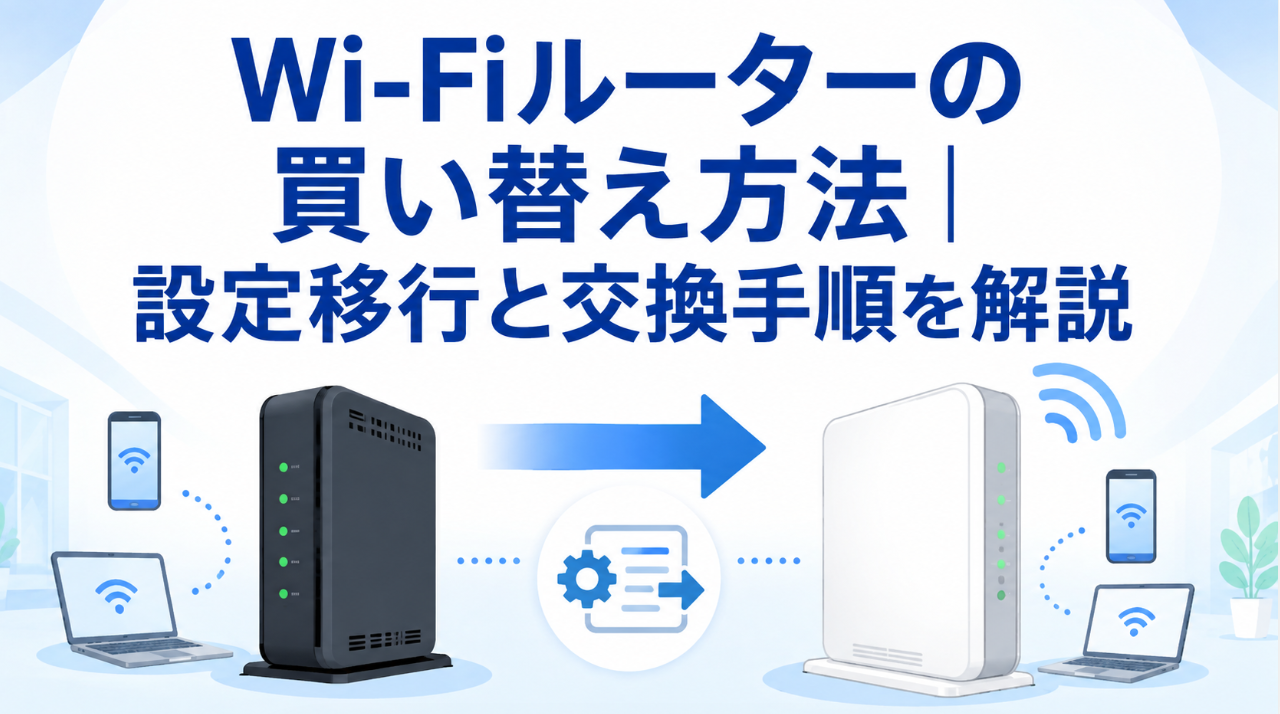 古いWi-Fiルーターから新しいWi-Fiルーターへ設定を移行して交換する手順を示したイメージ