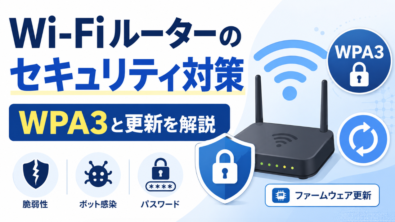 Wi-Fiルーターのセキュリティ対策としてWPA3、ファームウェア更新、脆弱性、ボット感染、パスワード対策を示したイメージ