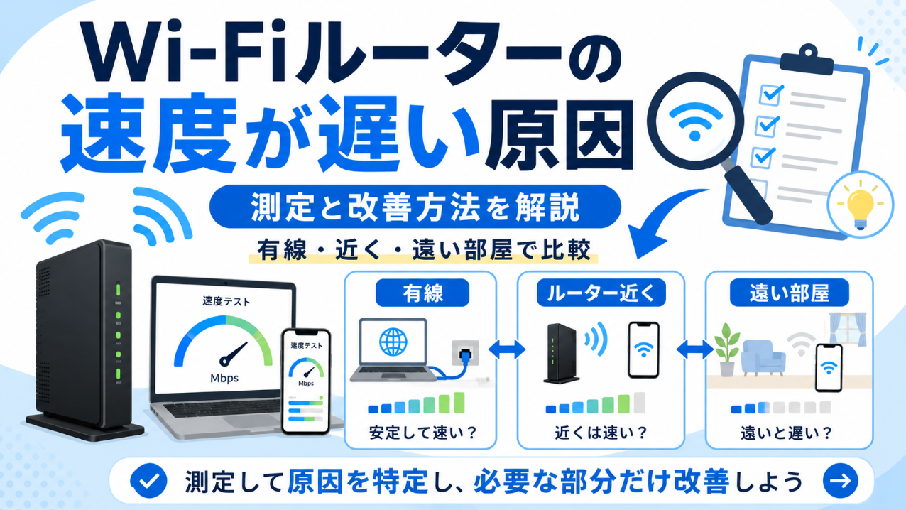 Wi-Fiルーターの速度が遅い原因を有線・ルーター近く・遠い部屋の速度測定で比較して特定する方法