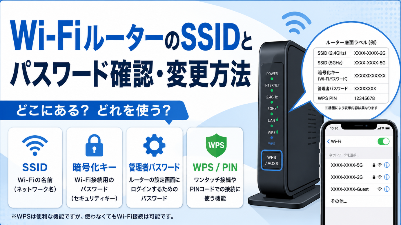 Wi-FiルーターのSSIDとパスワードの確認・変更方法を解説したアイキャッチ画像