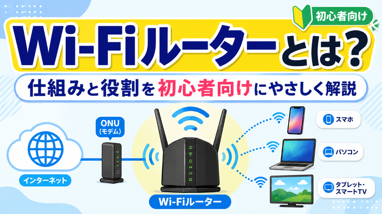 Wi-FiルーターがインターネットとONUを介してスマホやパソコンなどを無線接続する仕組みと役割の解説図