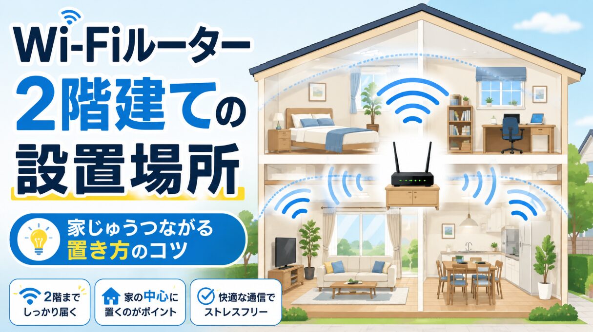 2階建て住宅の中央にWi-Fiルーターを設置し、1階と2階へ電波が届く様子を示したイラスト