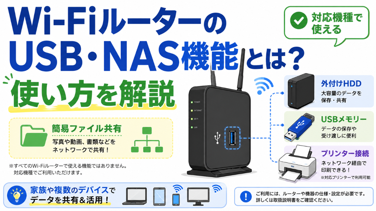 Wi-FiルーターのUSB・NAS機能の使い方を解説したアイキャッチ画像。外付けHDD、USBメモリー、プリンター接続のイメージを掲載