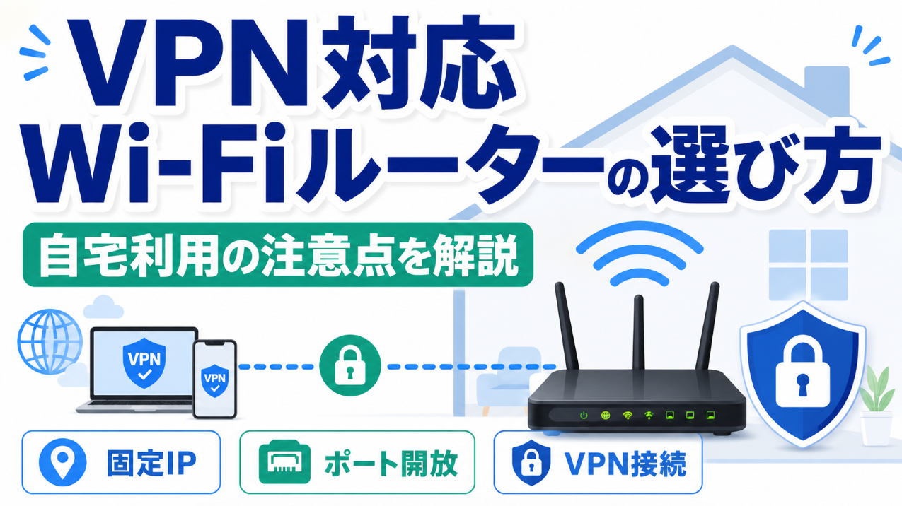 VPN対応Wi-Fiルーターの選び方を解説するアイキャッチ画像。自宅利用の注意点、固定IP、ポート開放、VPN接続のポイントを表している