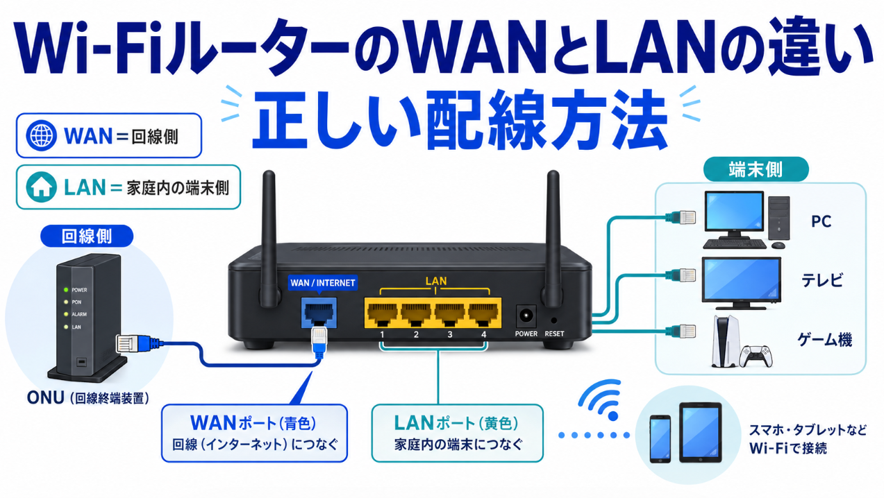 Wi-FiルーターのWANとLANの違いと正しい配線方法を示した図