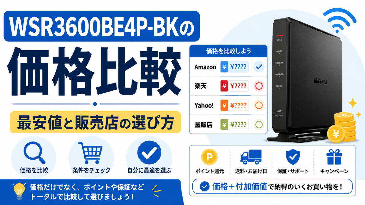 WSR3600BE4P-BKの価格比較や最安値、販売店の選び方を解説したアイキャッチ画像