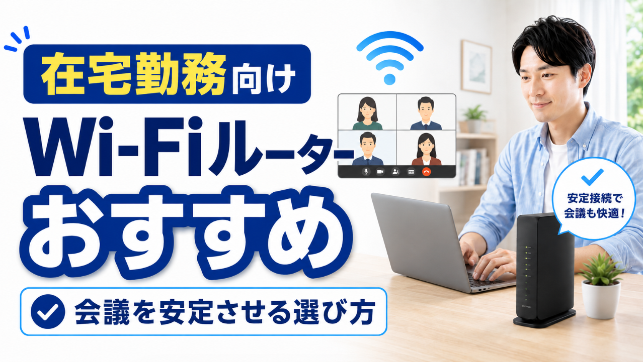 在宅勤務向けWi-Fiルーターの選び方を紹介するアイキャッチ画像。男性が自宅のパソコンで仕事をし、Wi-FiルーターとWeb会議画面が表示されている