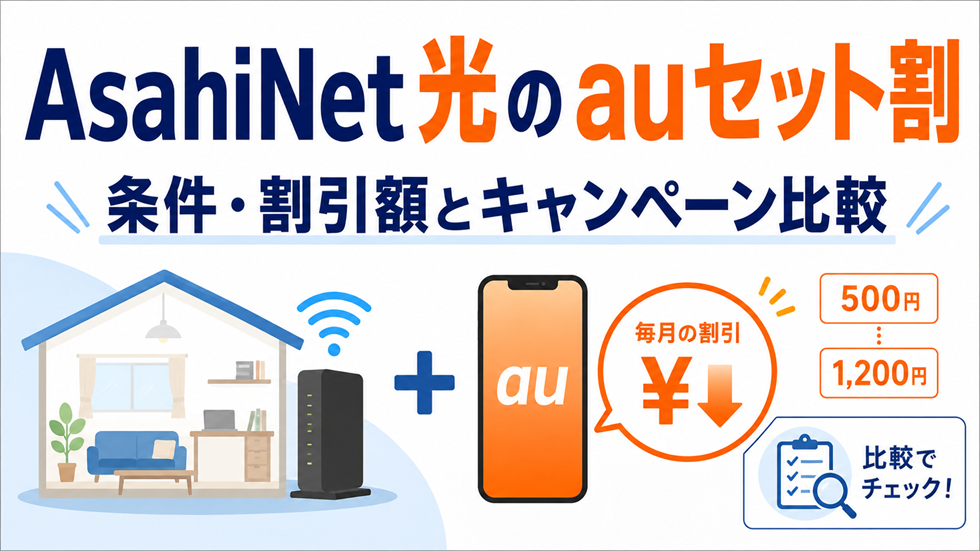 AsahiNet 光のauセット割について、月500円・1,200円の割引額とキャンペーン比較を示したイメージ