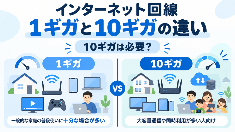 インターネット回線の1ギガと10ギガの違いを比較し、10ギガが必要かを解説するイメージ