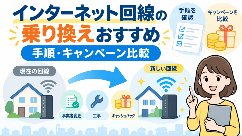 インターネット回線の乗り換え方法を、事業者変更・工事・キャッシュバック・キャンペーン比較とともに解説するアイキャッチ画像