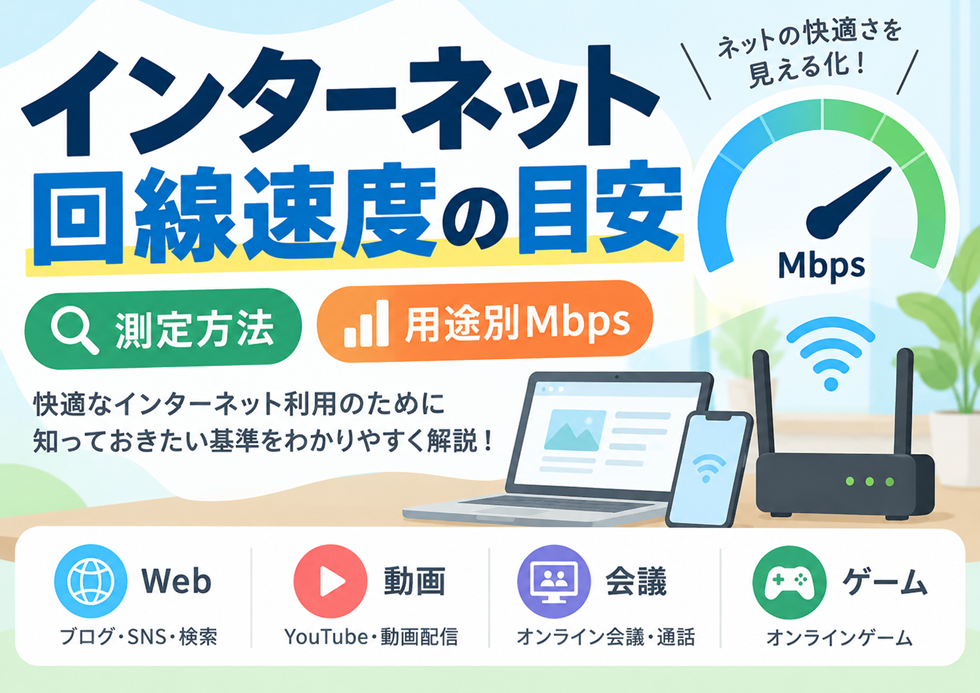 インターネット回線速度の目安と測定方法、Web・動画・会議・ゲームの用途別Mbpsを解説するイメージ