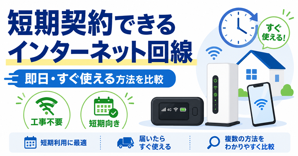 短期契約できるインターネット回線を、レンタルWi-Fiやホームルーターなど工事不要ですぐ使える方法から比較したイメージ
